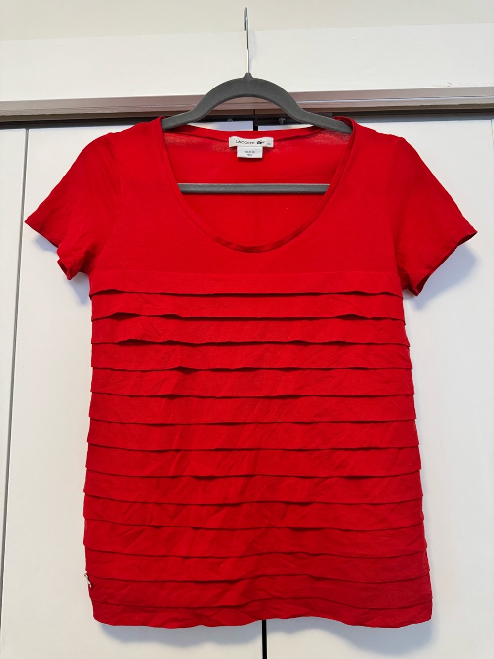 Lacoste Red Tiered Ruffle Front Scoop Neck T-Shirt Size 36 US XS/S